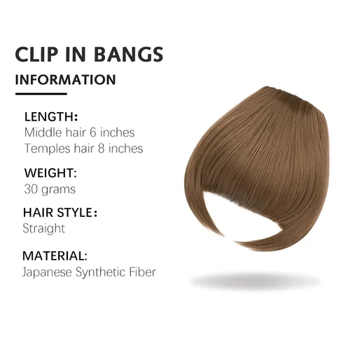 Miniatura 2 de Extensiones de cabello sintético con clip, flequillo francés, con sienes, color marrón ceniza, flequillo falso natural con clip para mujer, uso