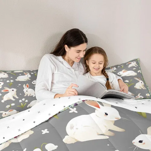 Miniatura 6 de Feelyou Juego de ropa de cama de conejo para niños, tamaño individual, juego de edredón de conejo para niñas y mujeres, edredón de plumón verde