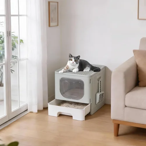 Miniatura 7 de OLIXIS Caja de arena para gatos con tapa, caja grande plegable para gatos con cuchara de arena, caja de arena para gatos con salida superior