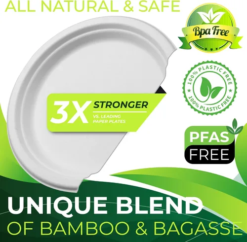 Miniatura 4 de 150 platos de papel 100% compostables (10 pulgadas), resistentes, ecológicos, biodegradables hechos de fibra de caña de azúcar Blanco