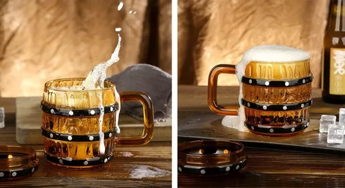 Miniatura 6 de Vaso de madera en forma de barril de vidrio taza de cerveza con forma de barril de vidrio con tapa