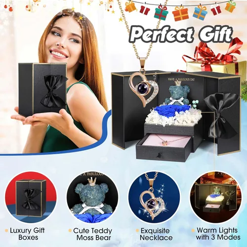Miniatura 7 de AddWel Regalos de rosas para mujer, rosas azules reales preservadas con collar I Love You en 100 idiomas y lindo oso de musgo para novia, esposa