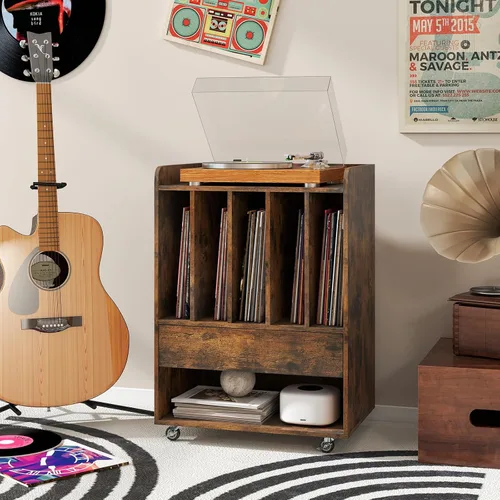 Miniatura 2 de LOKO Soporte para tocadiscos sobre ruedas, soporte giratorio con 5 compartimentos, cajón y estante abierto, estante de exhibición de vinilo