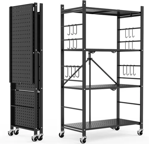 Miniatura 10 de Himix Estantes de almacenamiento con 6 ganchos, estante plegable de 3 niveles con ruedas, estantería de almacenamiento de metal, carrito rodante