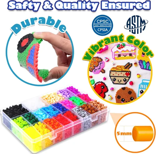 Miniatura 3 de FUNZBO Kit de 5200 cuentas que se funden de 5mm con mini plancha - 24 colores 111 patrones, artes y manualidades navideñas para niñas y niños
