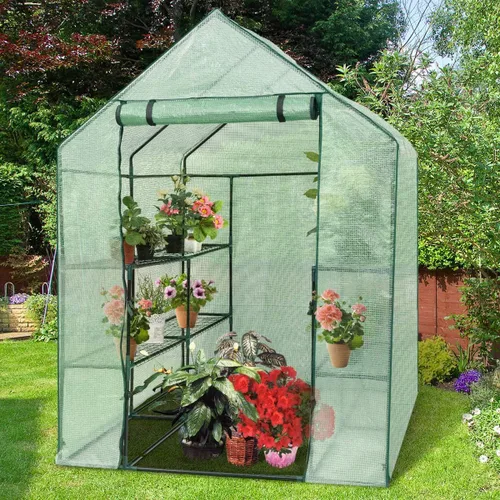 Miniatura 2 de Happygrill Invernadero para caminar, invernadero potable con puerta enrollable con cremallera, cubierta de polietileno y 3 niveles, 12 estantes