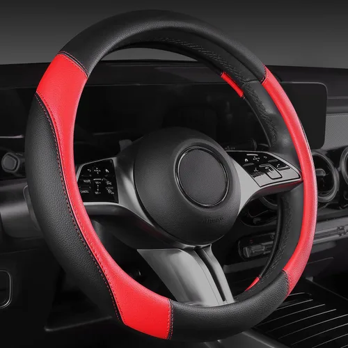 Miniatura 7 de CAR PASS Funda para volante de cuero sintético y alfombrillas impermeables para auto, combo universal para el 95 % de sedanes, SUV, vehículos, Rojo