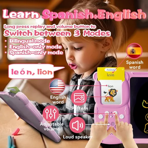 Miniatura 3 de Tarjetas flash hablantes en inglés y español, tableta de escritura LCD de 8 pulgadas para niños de 3 a 12 años, 510 palabras visuales bilingües