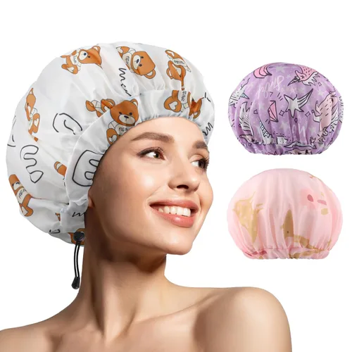 Miniatura 9 de 1 pieza de gorro de ducha, gorro de baño de doble capa y ajustable para la ducha, gorro de pelo extragrande reutilizable para mujer, exterior
