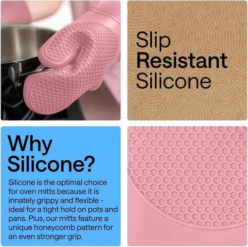 Miniatura 3 de GORILLA GRIP Guantes de horno de silicona suave sin BPA, guantes de cocina resistentes al calor e impermeables, forro de algodón grueso, agarre Rosa