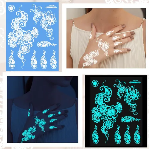 Miniatura 7 de Konsait 17 hojas de tatuajes que brillan en la oscuridad para mujeres y niñas, tatuajes de luz negra, tatuaje luminoso de mano, flores de mariposa