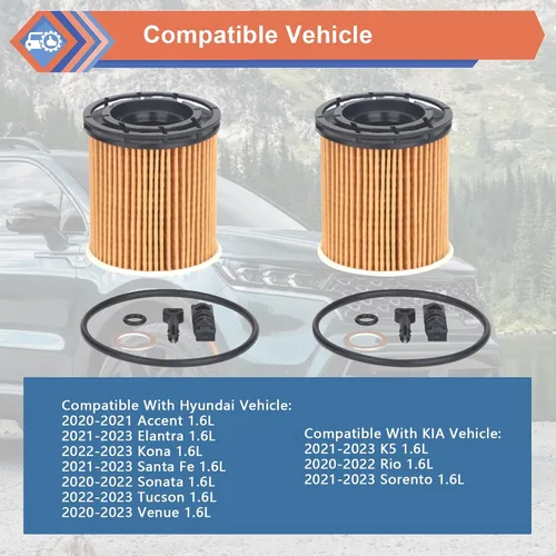 Miniatura 3 de 2 filtros de aceite de motor compatibles con Hyundai KIA Vehicle Accent Elantra Kona Santa Fe Tucson Venue 1.6L 2020-2023, Rio K5 Sorento 1.6L