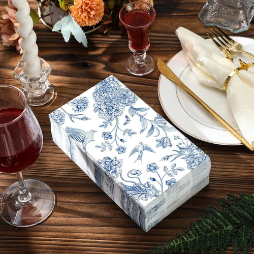 Miniatura 4 de Tatuo 200 piezas de servilletas de papel azul floral, toallas de mano desechables para baño, servilletas decorativas para invitados, papel
