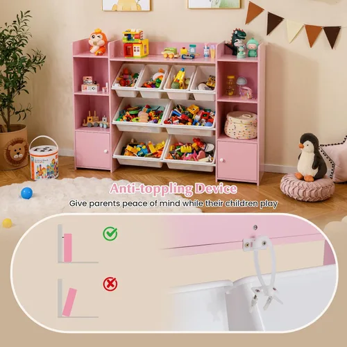 Miniatura 7 de HONEY JOY Organizador de almacenamiento de juguetes para niños, armario de almacenamiento de piso de madera con 8 contenedores extraíbles, estante