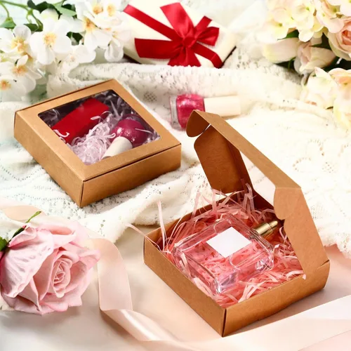 Miniatura 4 de Zonon 30 cajas de papel kraft con ventana de 4.13 x 4.13 x 1.18 pulgadas, para embalaje de caramelos, cajas de regalo pequeñas, soporte para Marrón