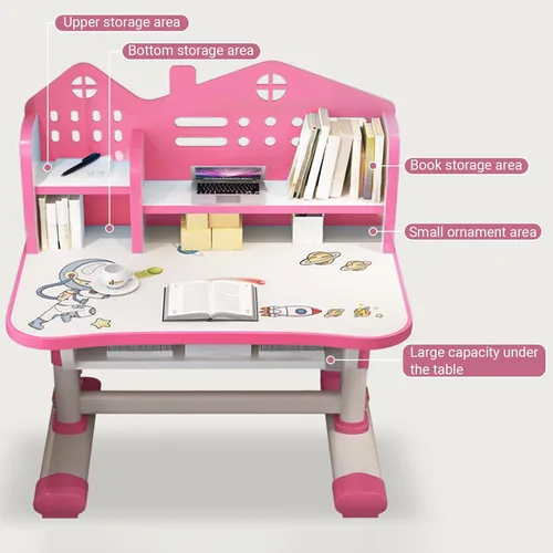 Miniatura 6 de Worparsen Mesa de estudio para niños, juego de escritorio y silla rosa para niñas, escritorio de estudio para estudiantes en altura ajustable, juego