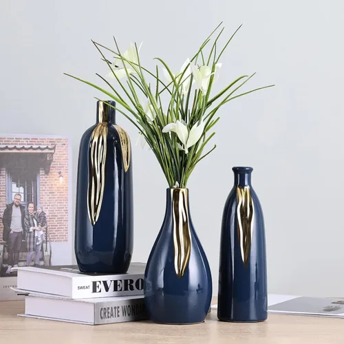Miniatura 8 de Juego de 3 jarrones azul y dorado, jarrones modernos decorativos de cerámica para sala de estar, recámara, decoración de arte, chimenea, decoración