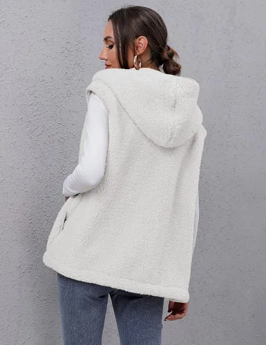 Miniatura 6 de TFSDOD Chaleco de forro polar sherpa mullido para mujer, acogedor, sin mangas, con bolsillo, chaleco con capucha para mujer, ropa exterior