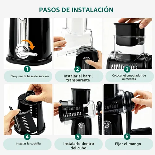Miniatura 7 de Rallador giratorio de queso, manivela de mano, trituradora de queso con 5 cuchillas y base de succión fuerte, cortador de mandolina, picadora