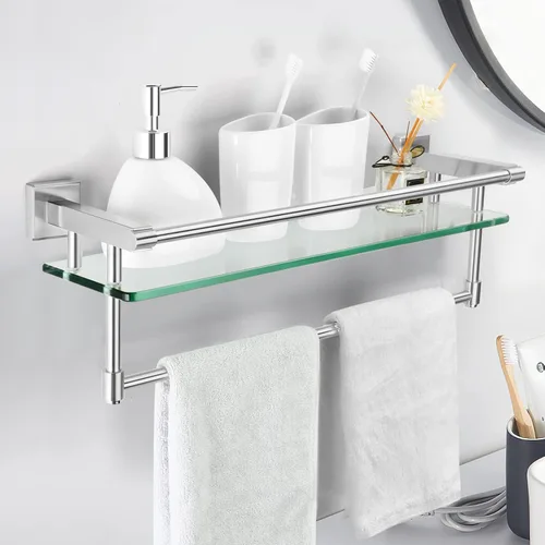 Miniatura 2 de Estante de baño de vidrio con barra para toallas, barra para toallas de acero inoxidable templado/estantes de baño de vidrio templado con riel