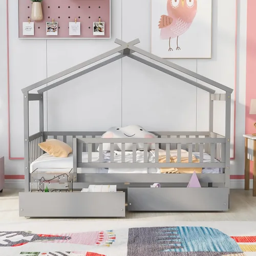 Miniatura 20 de Harper & Bright Designs Cama de madera con nido, marco de cama Platforn para niños de tamaño individual con rieles de valla y techo para niñas