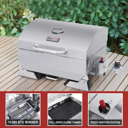 Miniatura 14 de Royal Gourmet GT1001 Parrilla portátil de acero inoxidable, 10000 BTU Parrilla de gas de mesa para barbacoa con patas plegables y tapa
