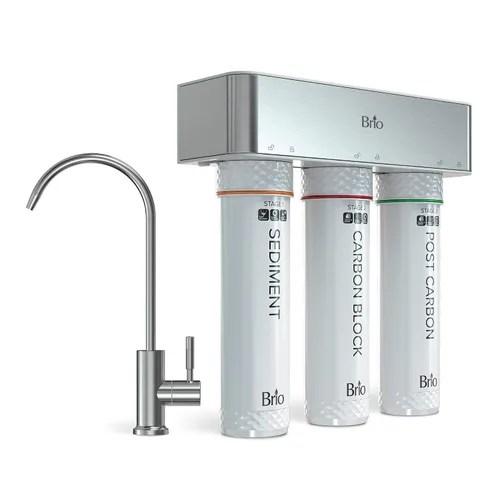 Brio Sistema de filtración debajo del fregadero de 2 etapas, grifo de níquel cepillado, sedimento de capacidad de 950 galones, filtros de bloque de