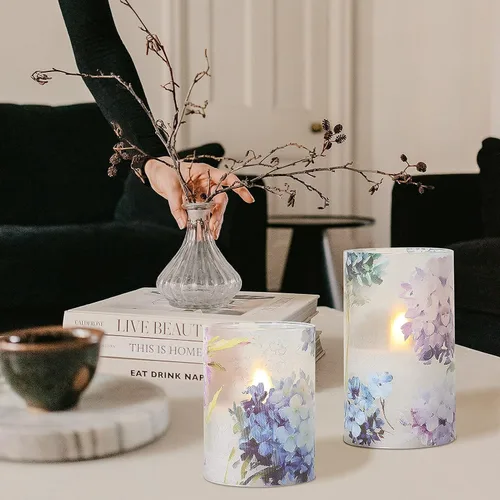 Miniatura 6 de Velas sin llama de hortensias azules, velas LED decorativas parpadeantes con temporizador remoto, velas de cera real que funcionan