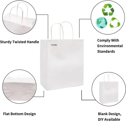 Miniatura 2 de vanhel Bolsas de regalo blancas con asas de 8 x 4.25 x 10.5 pulgadas, 50 unidades, bolsas de papel kraft medianas con asas a granel, bolsas de Blanco