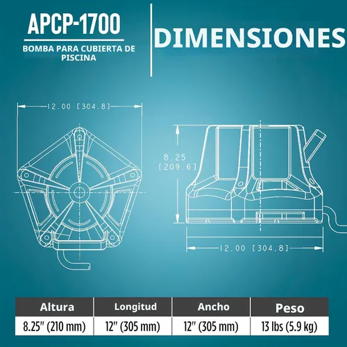 Miniatura 2 de Little Giant APCP-1700 Bomba de cubierta de piscina de 115 voltios, 1/3 HP, 1745 GPH, automática, sumergible, con cable de 25 pies, azul claro