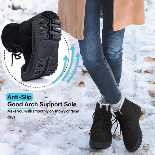 Miniatura 4 de HARENCE Botas de nieve de invierno para mujer botines con forro de piel cálida con cordones para caminar al aire libre botas para mujer