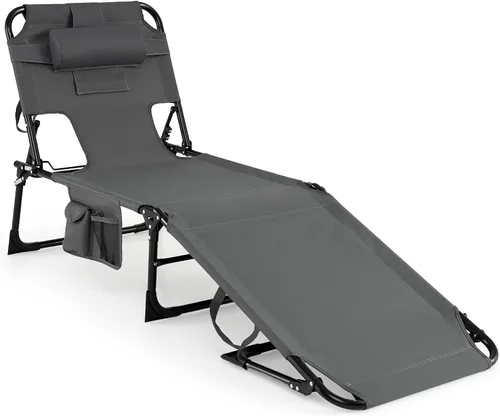 Miniatura 16 de Tangkula Silla de bronceado con agujero frontal, plegable y ajustable para patio, silla reclinable, para playa, tomar el sol, con bolsillo lateral