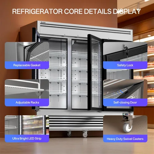 Miniatura 5 de Coolski Refrigerador comercial de bebidas de 3 puertas de 82 pulgadas de ancho, refrigerador de 78.2 pies cúbicos con pantalla de puerta de vidrio