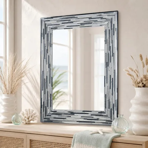 Miniatura 13 de Head West Espejo de tocador de mosaico negro con azulejos estriado de 24"x30" para pared de baño, espejo de vidrio rectangular impreso para sobre