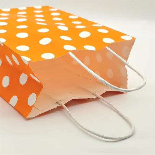Miniatura 6 de JEYE Paquete de 12 bolsas de regalo de lunares naranjas con asa, bolsas de papel kraft de tamaño mediano a granel, bolsas de papel reciclables