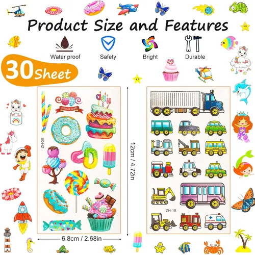 Miniatura 6 de Habett Tatuajes temporales para niños, más de 300 estilos mixtos de tatuajes temporales, juego de calcomanías para niñas y niños, dinosaurio