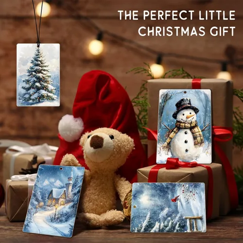 Miniatura 6 de Ambientador de coche de Navidad, 4 unidades, accesorios de automóvil de muñeco de nieve de Navidad azul para mujeres, ambientador colgante de granja