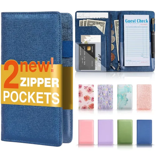 Miniatura 18 de Libreta de servidores con 2 bolsillos con cremallera, libros de cuero para camarera, libro de camarera, libro de camarera resistente con bolsillo