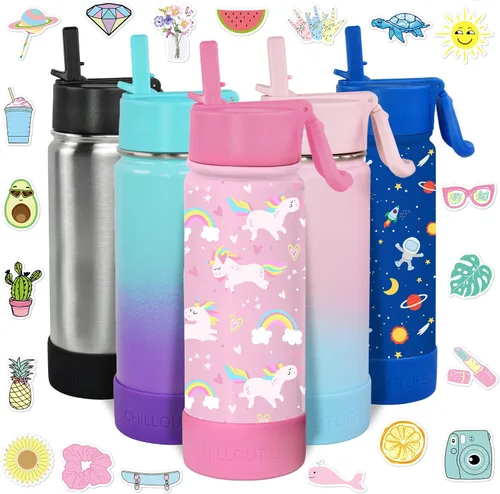 Miniatura 35 de CHILLOUT LIFE - Botella de agua aislada de 17 onzas con tapa con pajilla para niños, a prueba de fugas y bonitas calcomanías impermeables, termo