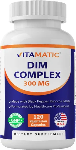 Vitamatic DIM Complejo de suplemento para mujeres y hombres, 300 mg, 120 cápsulas vegetales, hecho con pimienta negra, brócoli en polvo y col rizada