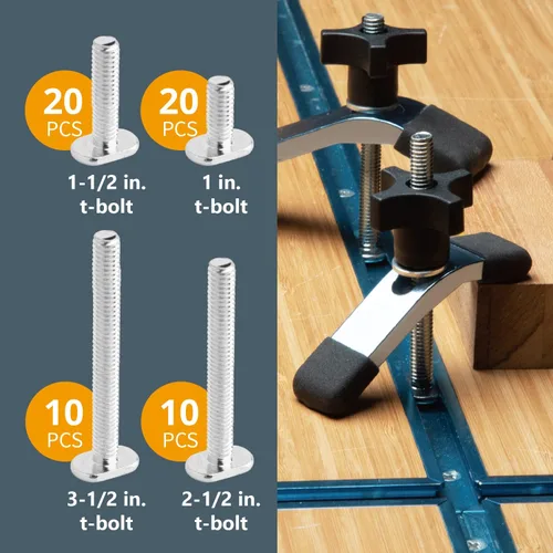 Miniatura 4 de POWERTEC 71128 Juego de 128 piezas de perillas en T, pernos roscados y arandelas de 5/16"-18, pernos de riel en T, accesorios de riel en T
