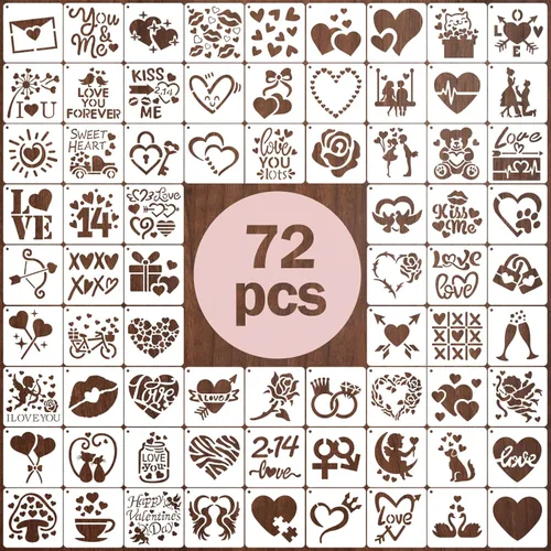 72 plantillas para el día de San Valentín de 3 x 3 pulgadas para pintar, diseño de corazón rojo, beso, rosa roja, flecha de Cupido, plantillas