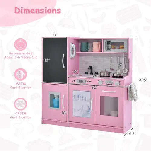 Miniatura 4 de MAT EXPERT Juego de Cocina para Niños, Cocina de Juguete de Chef de Madera con Pizarra, Máquina de Hielo, Accesorios de Utensilios de Cocina, Rosa