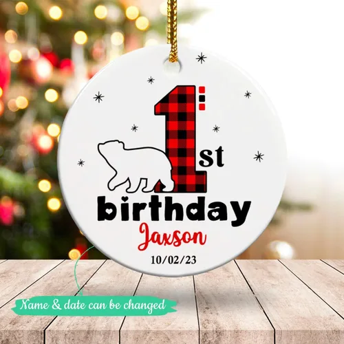 Miniatura 2 de Adorno personalizado de primer cumpleaños de oso bebé, adorno personalizado para la primera Navidad del bebé, adornos de cerámica de feliz