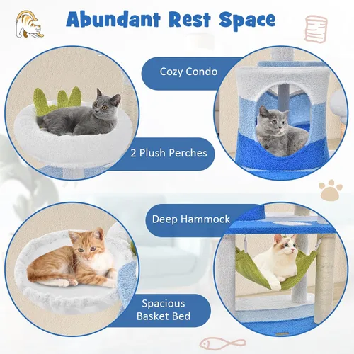 Miniatura 6 de Tangkula Árbol para gatos con temática oceánica, torre para gatos de varios niveles con postes rascadores de sisal, condominio, perca, hamaca