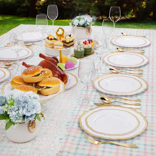 Miniatura 5 de Hioasis 60 piezas de platos de plástico dorados - Vajilla desechable blanca y dorada con borde dorado, resistente, 26 cm, platos para fiesta y boda