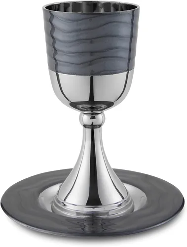 Miniatura 5 de Lujoso juego de copas de Kidush en caja de regalo - Níquel pulido y esmaltado (gris oscuro) Elegante copa de vino de 5.75" pulgadas y bandeja a