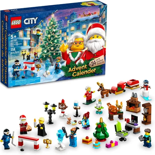 Calendario de Adviento LEGO City 2023 60381 Cuenta regresiva de Navidad Conjunto de juego, idea de regalo para contar los días hasta la aventura con