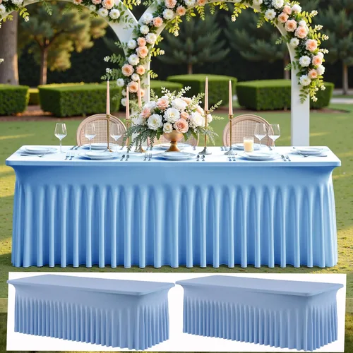 Miniatura 38 de Paquete de 2 manteles de elastano azul bebé de 6 pies con falda de mesa con volantes, manteles ajustables elásticos sin arrugas para mesas