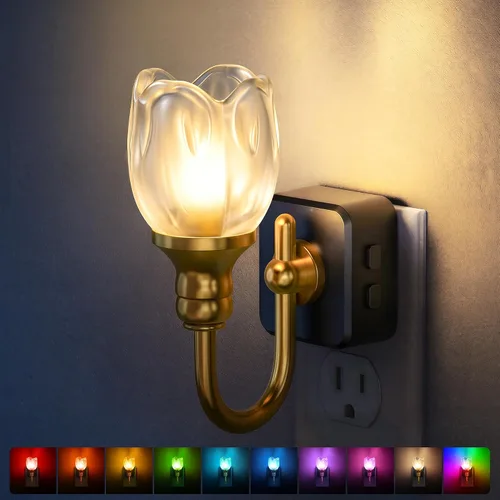 Miniatura 12 de DORESshop Luz nocturna LED, luces nocturnas giratorias que se enchufan a la pared con sensor de luz automática de 3000 K luz nocturna con brillo